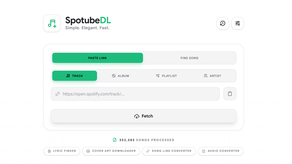 SpotubeDL - 在线 Spotify 音乐下载工具，粘贴 Spotify 歌曲链接，然后网站会自动在 YouTube Music 上找到最匹配的版本并提供下载