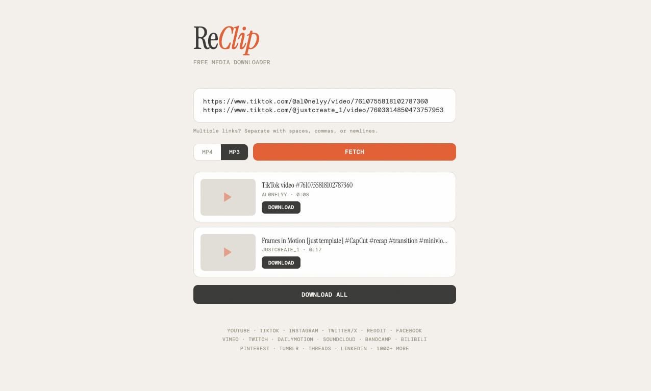 ReClip：一网打尽全网视频的自托管下载神器，极简优雅且拒绝广告套路