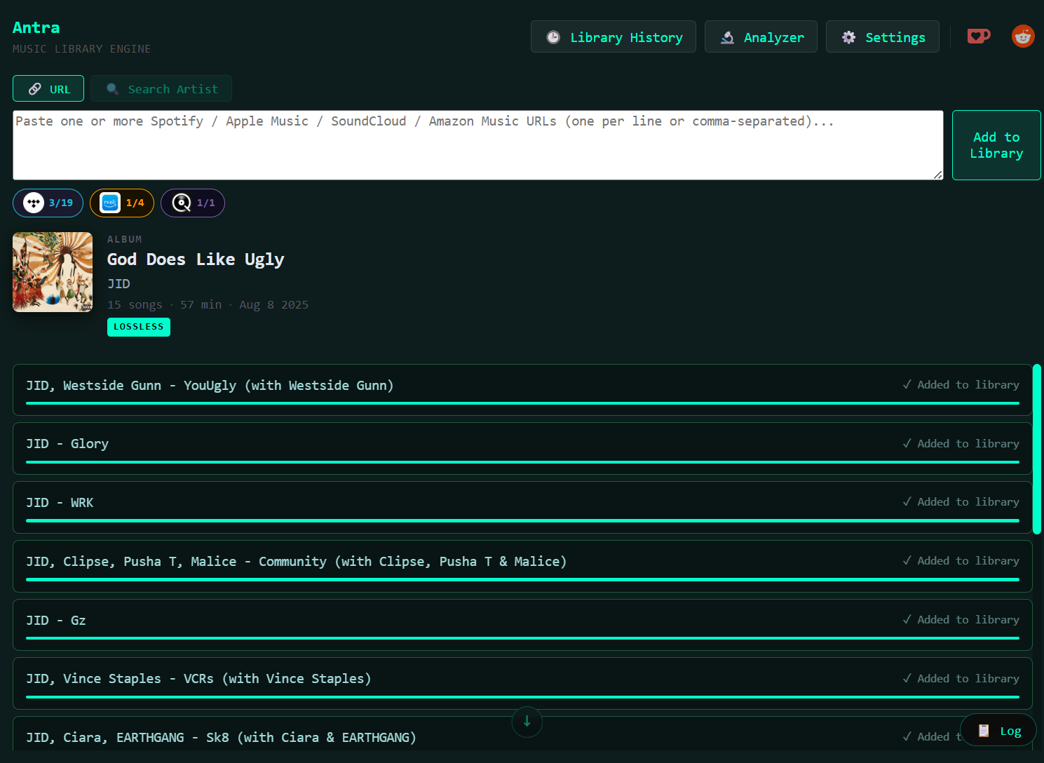 Antra(音乐下载)：一款开源全能音乐下载工具。支持从 Spotify、Apple Music、YouTube 链接中抓取无损 FLAC，自动补全元数据并支持 Soulseek P2P 备份源